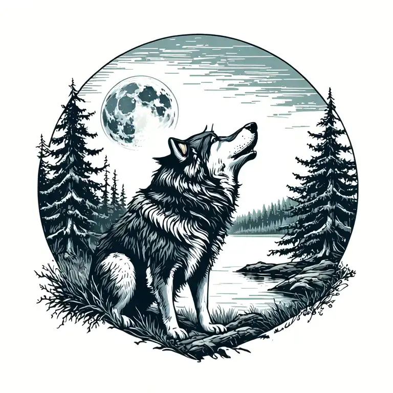 Adult Wolf Howling At The Moon In The Distance With Forest Lake Behind