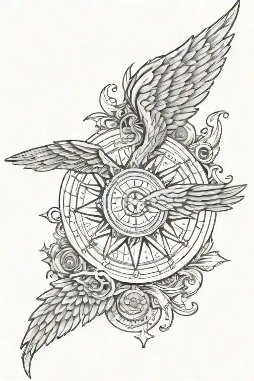 Wind Rose On The Side Of The Neck With A Wing With The Addition Of A Guardian Angel-themed Amulet