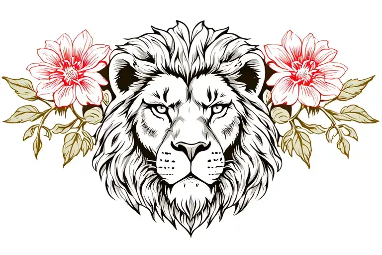 Lion Head And Flowers