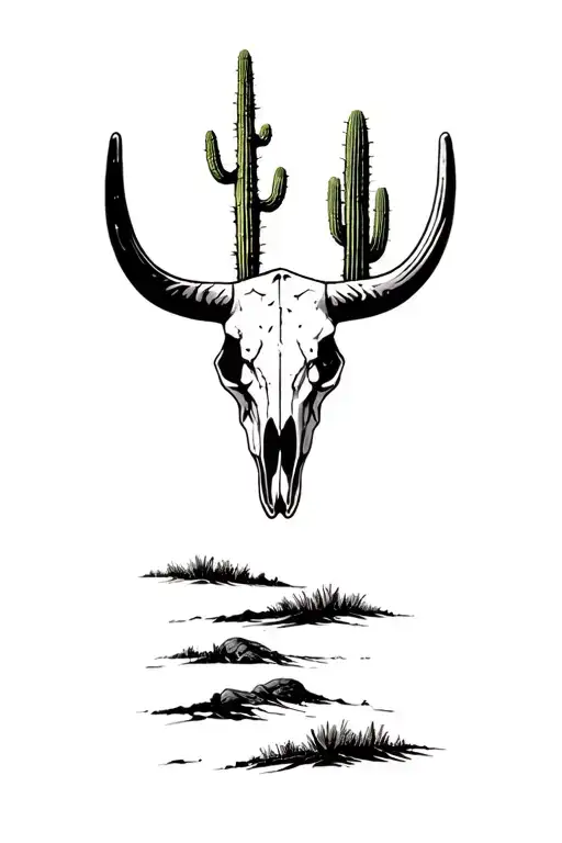 Desert Cactus Sun Setting Bull Skull