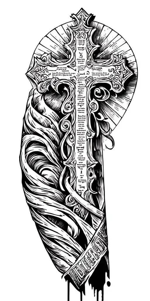 Cross With Hebrew Scripture Incorporated Full Sleeve Tattoo With Lots Of Filler