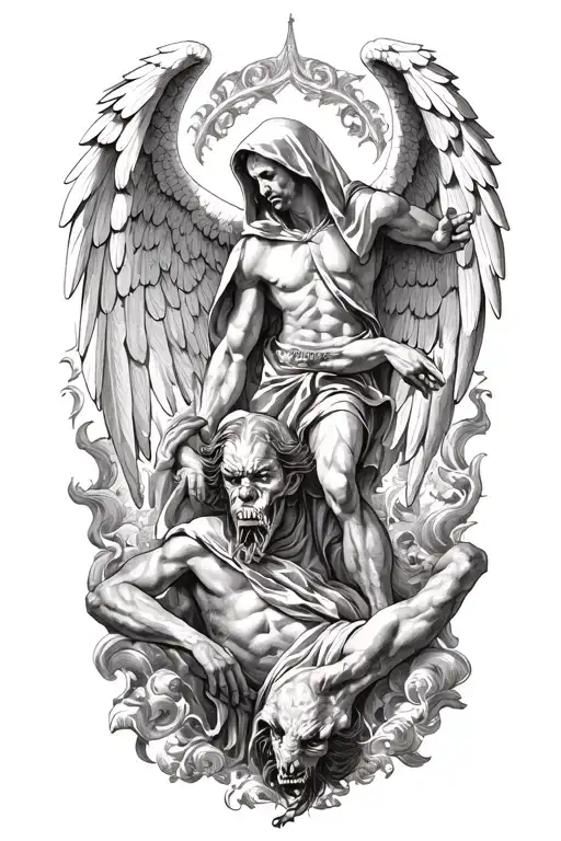 Hooded Arch Angel Defeating A Demon