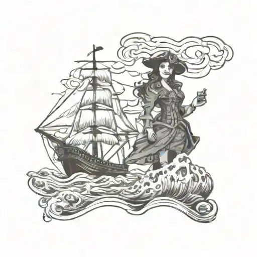Pirate Woman And Ship Sailing Through Stormy