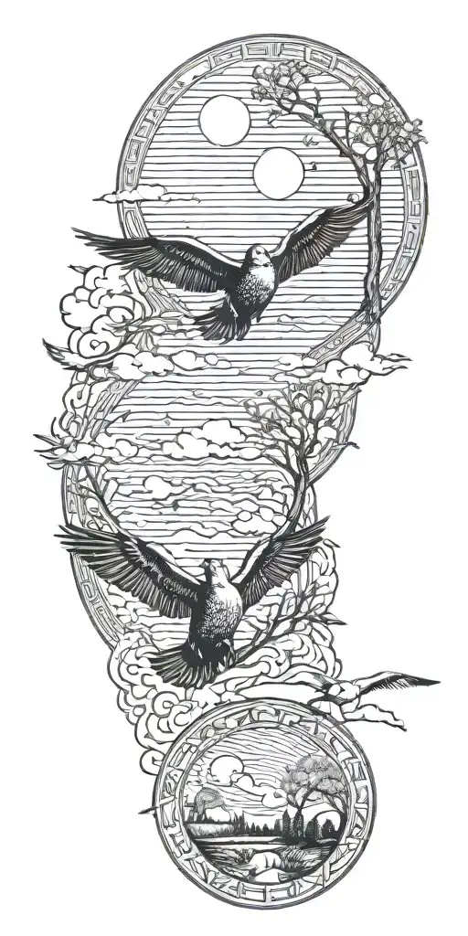 2 Ducks Flying Behind One Big Bird In Park With Tree Of Life And Moon