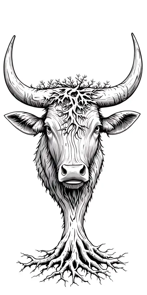 Wood Ox Head With Tree Roots Growing