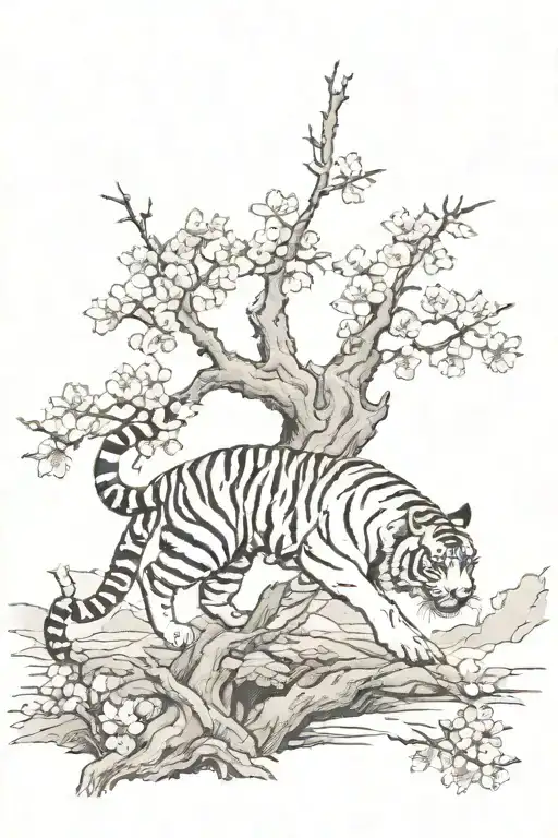Tiger Climbing Down Towards Straight From A Cherry Blossom Tree And A Samurai In The Background
