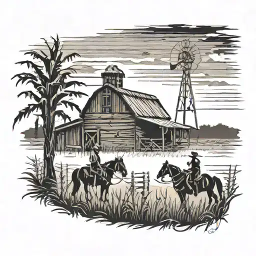 Old Barn Sunset Scene Corn Stalk Framing Scene Cowboy Silhouette