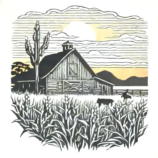 Old Barn Sunset Scene Corn Stalk Framing Scene Cowboy Silhouette