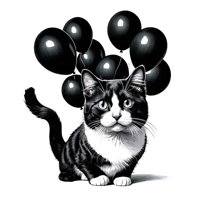 Black And White Cat Floating With Black Balloons Floating
