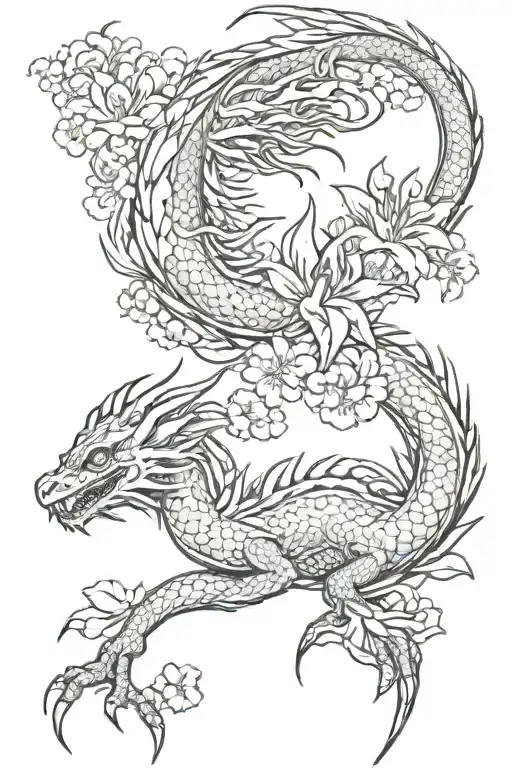 Dragon With Clouds And Spider Lilies And Cherry Blossoms