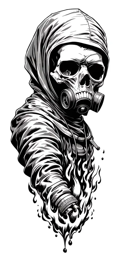 Skull Wearing A Hood And Gas Mask With A Firey Smoky Vally In Background