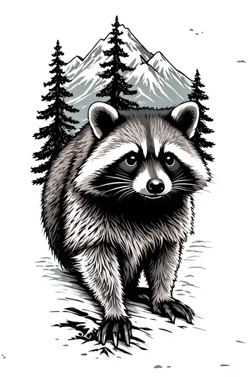 Raccoon With Mountain Back Ground And Trees In Grey Scale