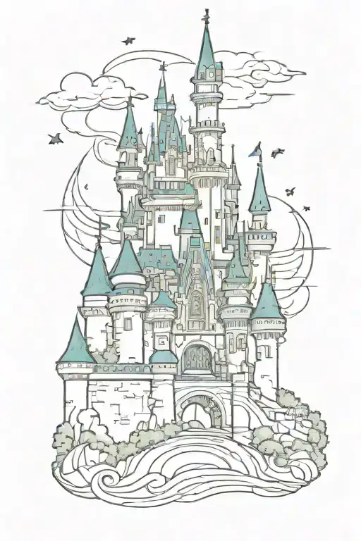 Disney Castle In Black Lines With Mickey Silhouette In Watercolour