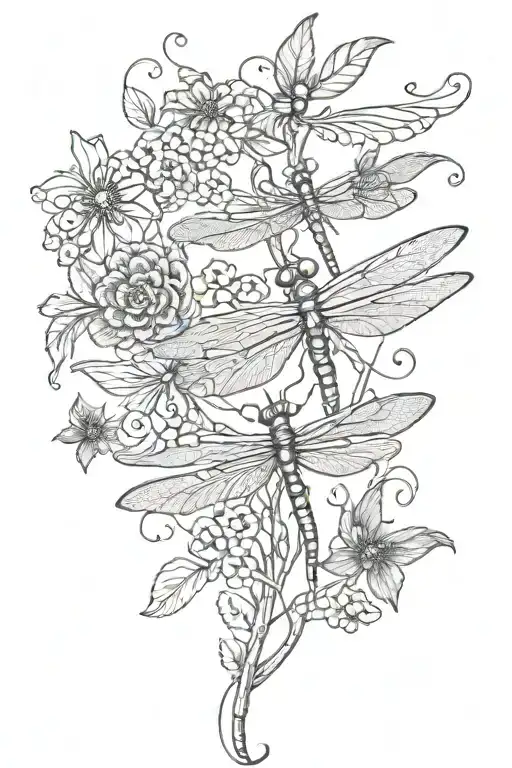 Dragonfly With Flowery Vine Going Through It With A Bird On Top And Ladybug On Bottom