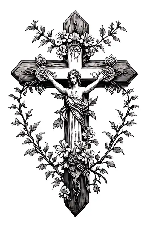 Catholic Cross Wrapped In Flowers And Vines