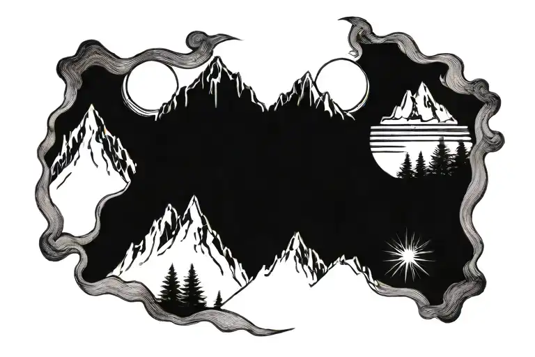 Six Mountain Tops With Sun In The Background