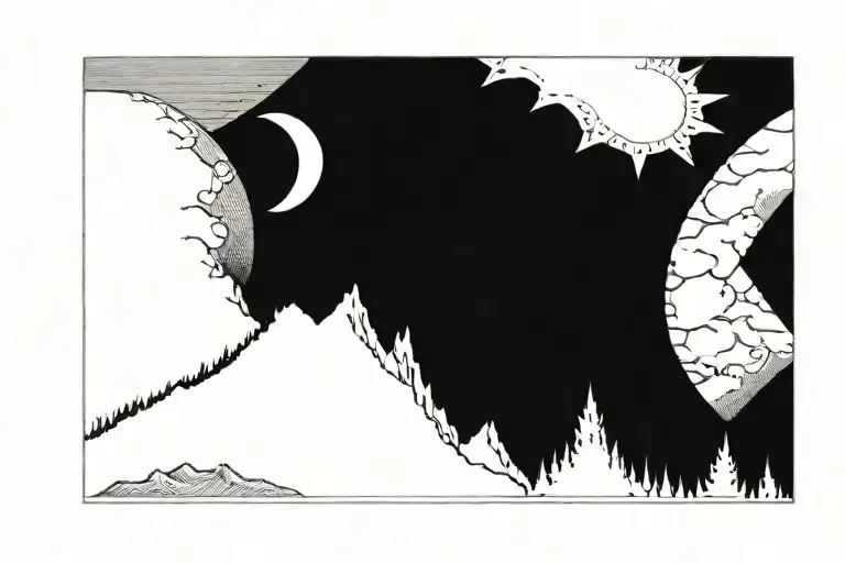 Six Mountain Tops With Sun In The Background