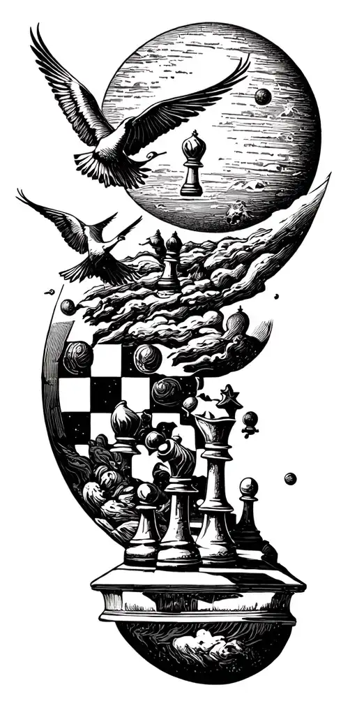 A Mystical Planet With Chess Pieces Floating In The Sky And Birds Soaring Above