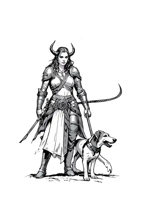 Warrior Tiefling Woman Protecting Dog And Medieval Knight