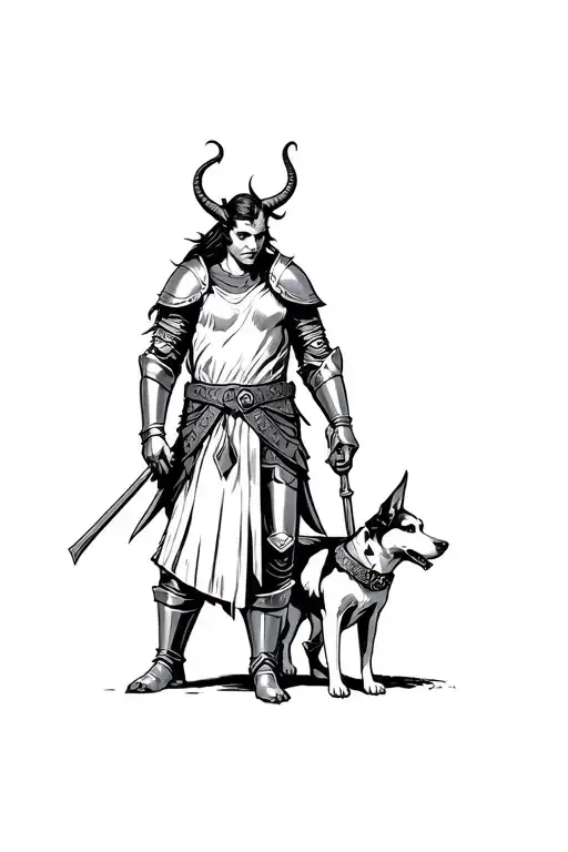 Medieval Knight Man And Warrior Tiefling Woman Protecting Dog