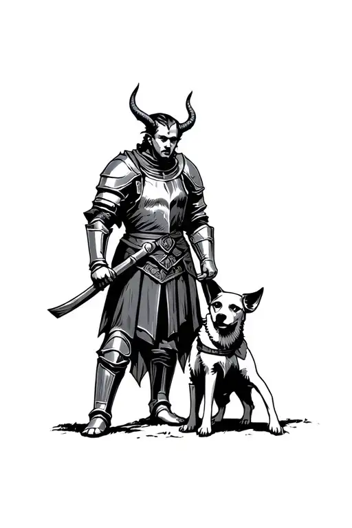 Medieval Knight Man And Warrior Tiefling Woman Protecting Dog