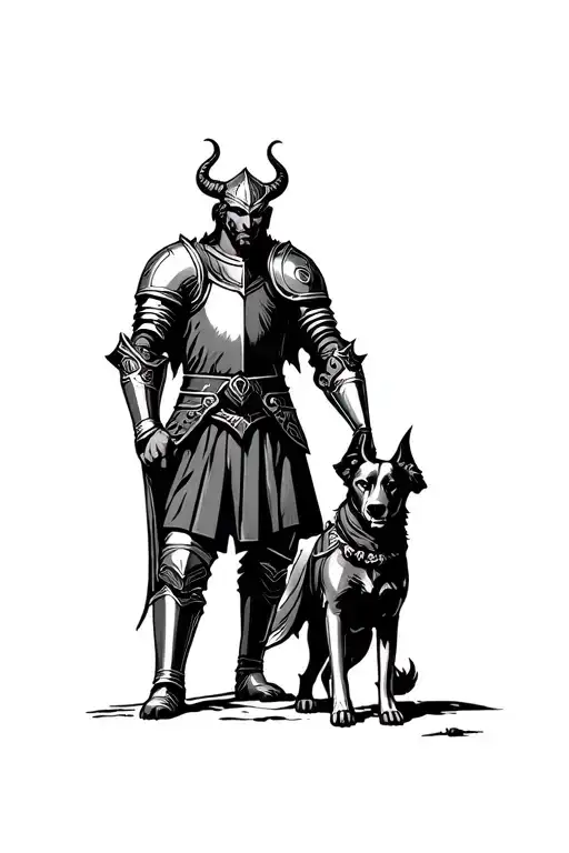 Medieval Knight Man And Warrior Tiefling Woman Protecting Dog