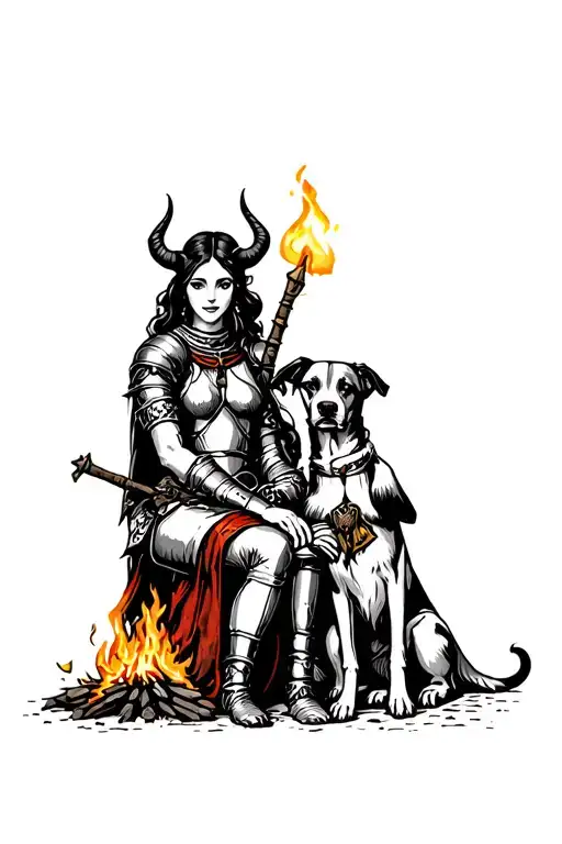 Whimsical Warrior Tiefling Woman And Medieval Knight Man Sitting With Dog Around Fire