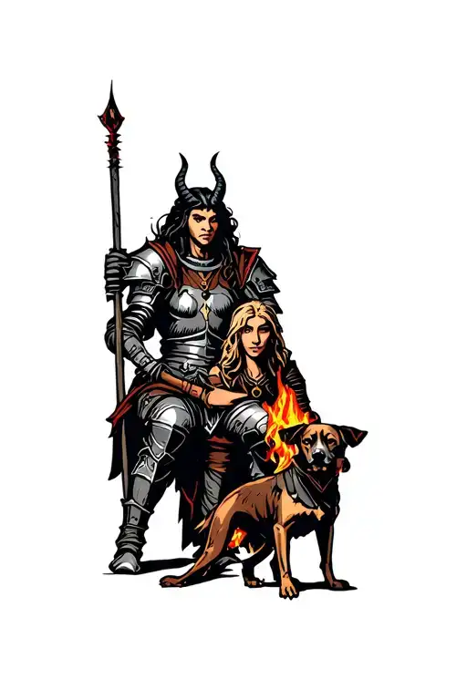 Whimsical Warrior Tiefling Woman And Medieval Knight Man Sitting With Dog Around Fire