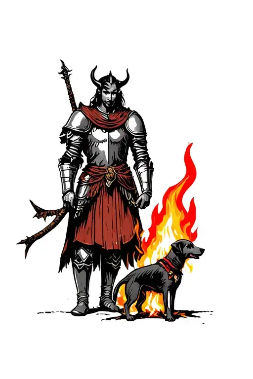 One Whimsical Warrior Tiefling Woman And One Medieval Knight Man Standing With Dog Around Fire