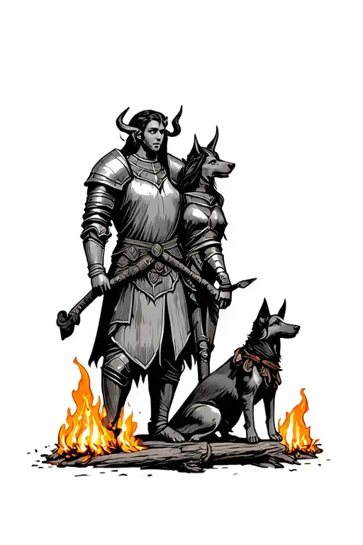 One Whimsical Warrior Tiefling Woman And One Medieval Knight Man Standing With Dog Around Fire