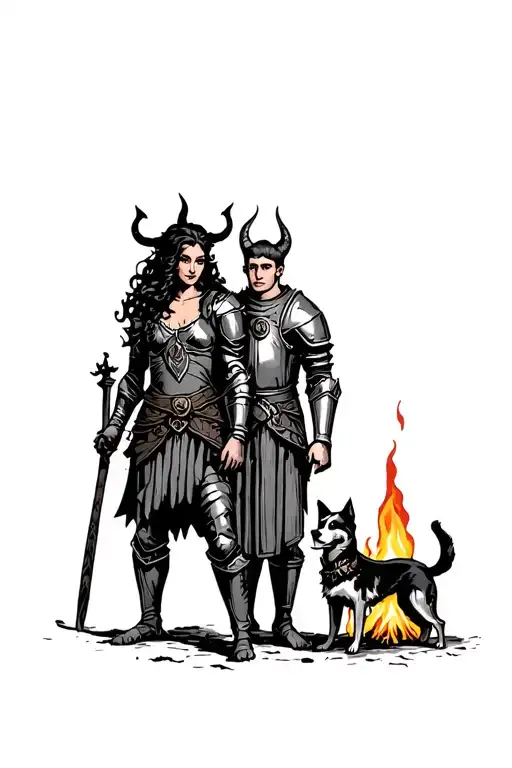 One Whimsical Warrior Tiefling Woman And One Medieval Knight Man Standing With Dog Around Fire
