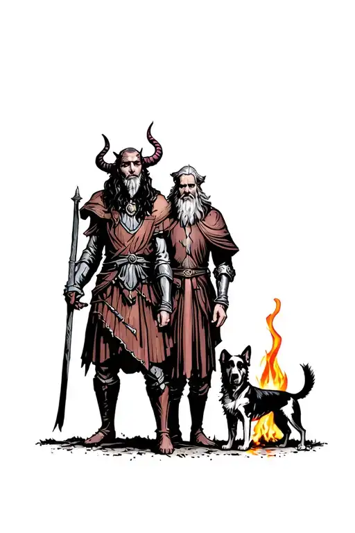 One Whimsical Paladin Tiefling Woman And One Medieval Wizard Man Standing With Dog Around Fire