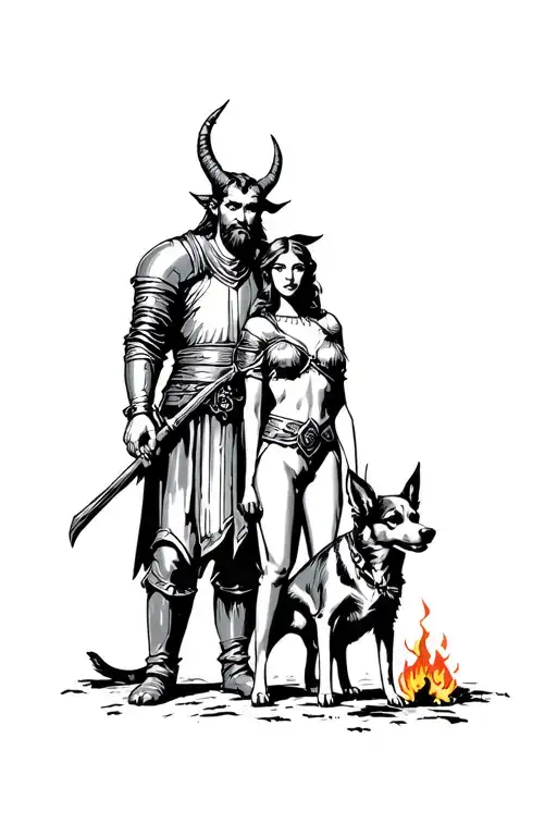 One Whimsical Paladin Tiefling Woman And One Medieval Wizard Man Standing With Dog Around Fire