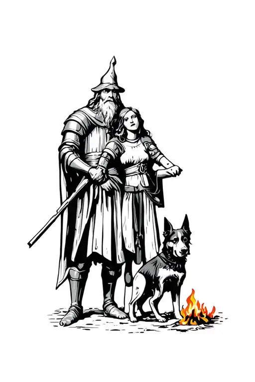 One Whimsical Paladin Woman And One Medieval Wizard Man Standing With Dog Around Fire