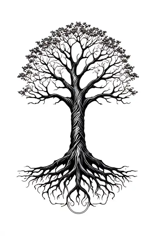 Tree Of Life With Big Beautiful Branches And Interwoven Roots