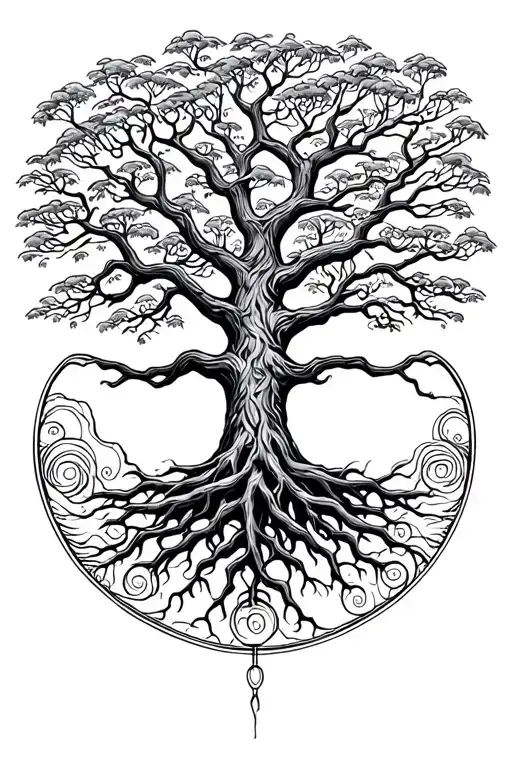 Tree Of Life With Big Beautiful Branches And Interwoven Roots