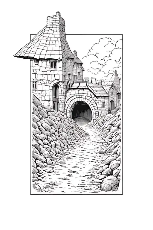 A Medieval Welsh Village With Mine Tunnels Under Showing Goblins And Miners