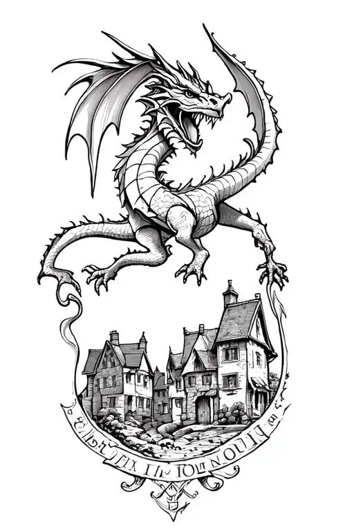 A Medieval Welsh Village With A Dragon Above It