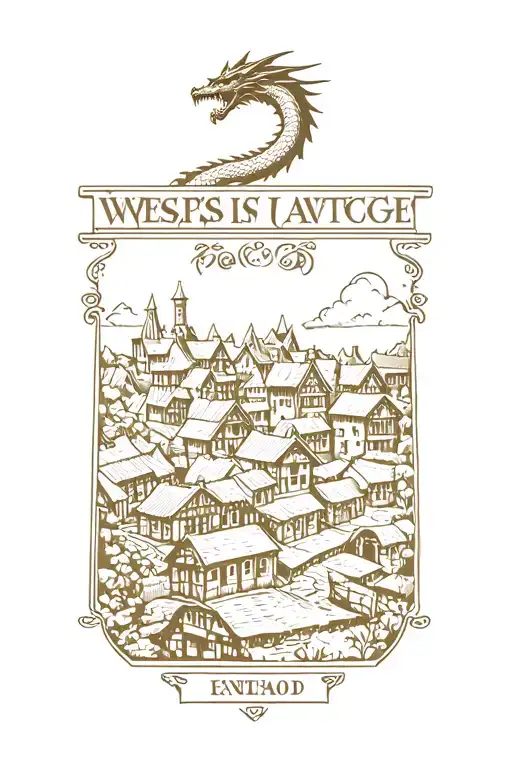 A Medieval Welsh Village With A Dragon Above It