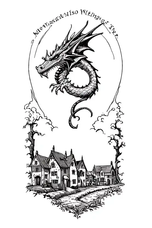 A Medieval Welsh Village With A Dragon Above It In Medieval Storybook Style