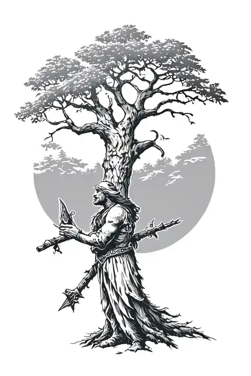 Medieval Welsh Druid With An Oak Tree Growing