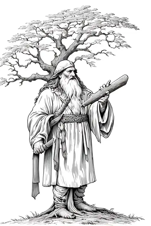 Medieval Welsh Druid Standing With An Oak Tree