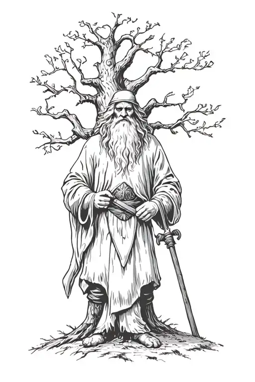 Medieval Welsh Druid Standing With An Oak Tree