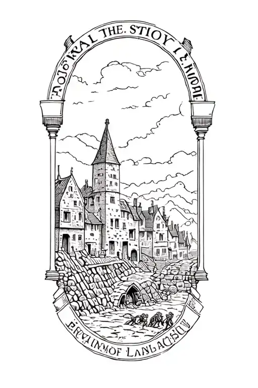 Welsh Medieval Storybook Style Town Showing A Mine Below With Miners And Goblins