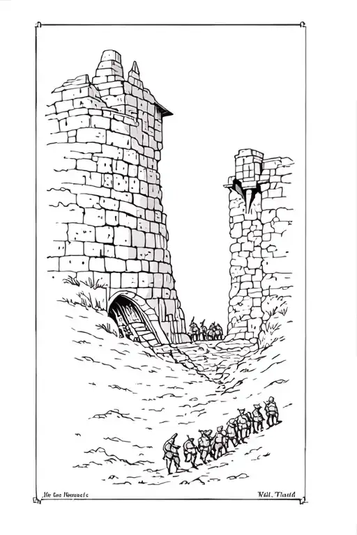 Welsh Medieval Storybook Style Landscape Showing A Mine Below With Miners And Goblins