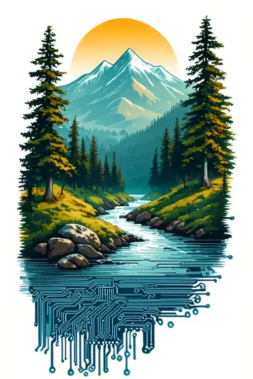 Microchip Circuit Infused With Forest With River Flowing And Mountain In Background