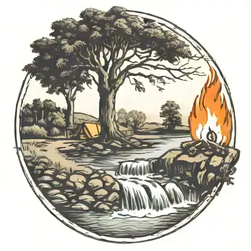 A Rowan Berry Tree And A Campfire Beside A River Waterfalling Down The Front