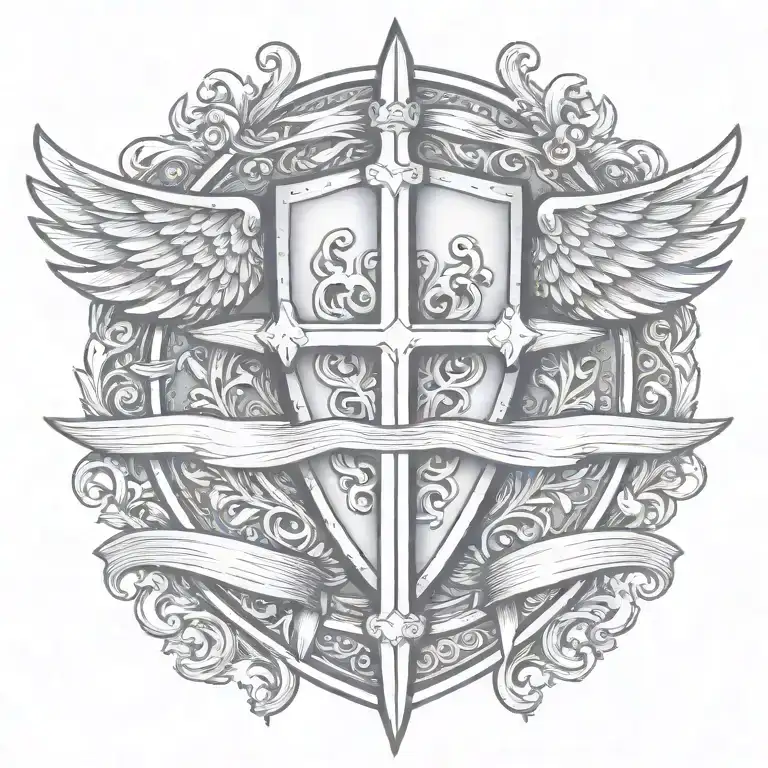 Sword Handles Behind Templar Shield With Wings Behind A Cross With Ribbon