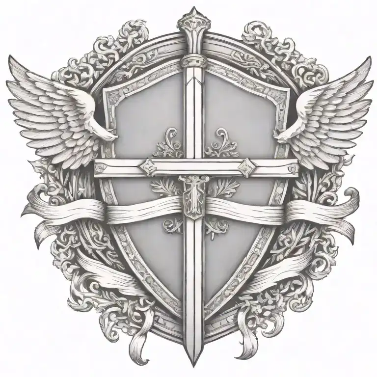 Sword Handles Behind Templar Shield With Wings Behind A Cross With Ribbon