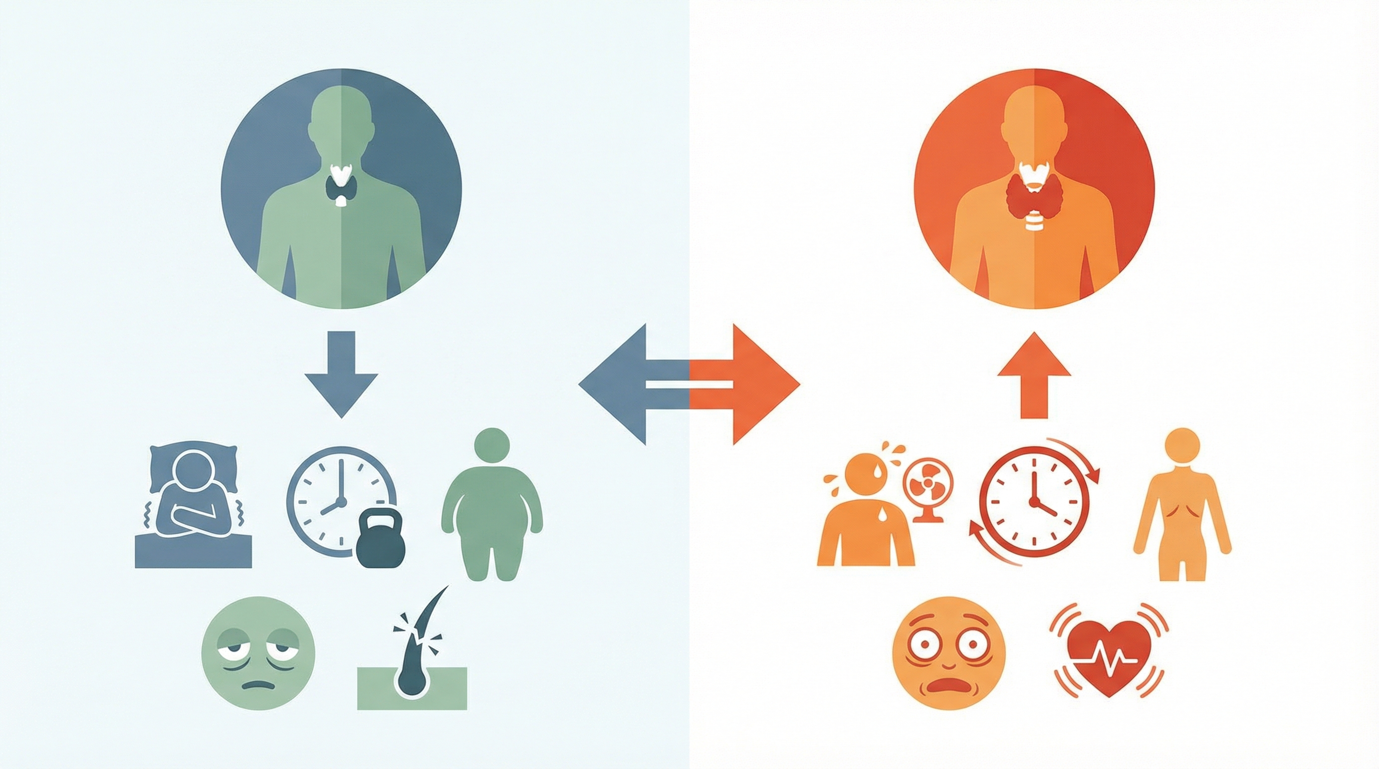 Сравнение симптомов гипотиреоза и гипертиреоза